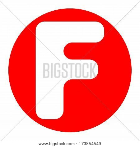 Letter F sign design template element. Vector. White icon in red circle on white background. Isolated.