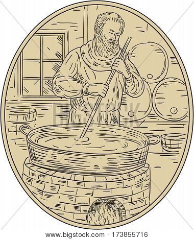 Drawing sketch style illustration of a medieval monk brewer brewing beer in brewery with barrel in background viewed from front set inside oval shape.
