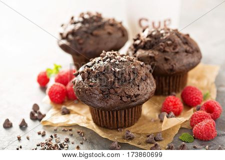 Double chocolate muffins with raspberry and a cup of coffee