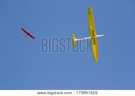 RC remotely controlled soaring plane model sailplane on blue sky