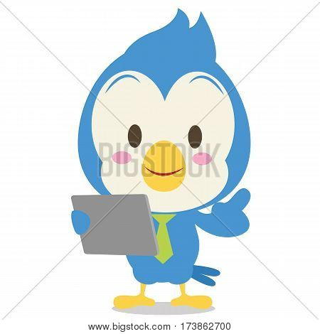 Blue jay with tablet character vector illustration