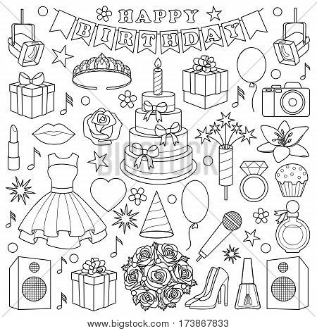 Birthday doodle set with girl objects and elements on white background. Coloring page.