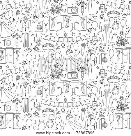 Ball doodle seamless pattern with celebration objects and elements on white background. Coloring page.