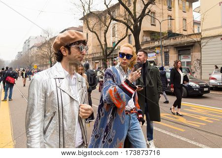 MILAN ITALY - FEBRUARY 23: Fashionable people outside Fendi fashion show during Milan Women's Fashion Week on FEBRUARY 23 2017 in Milan.