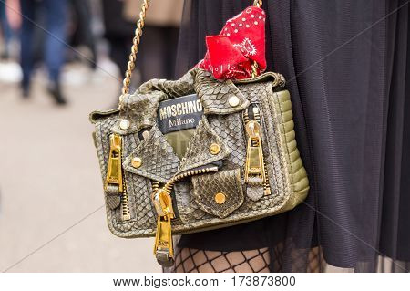 MILAN ITALY - FEBRUARY 23: Detail of bag outside Fendi fashion show during Milan Women's Fashion Week on FEBRUARY 23 2017 in Milan.