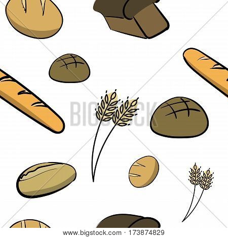 Color hand-drawn seamless pattern with bread. Healthy food diet. Vector illustration