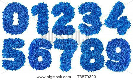 Handmade numbers set from blue crepe paper isolated on white background. Set of numbers from scraps of paper