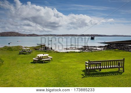 Isle of Iona Scotland uk Scottish island beautiful white sand beach and view to Mull with ferry