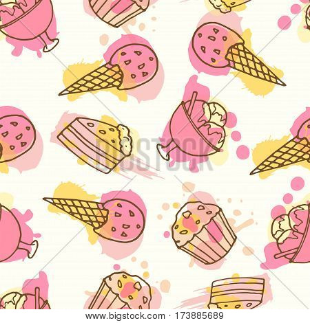 Seamless sweet pattern hand drawn illustration. Summer print with ice cream, cake and cupcake on paint splashes