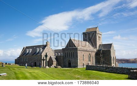 IONA, SCOTLAND, UK-MAY 6th 2016:  Beautiful sunny spring weather was enjoyed by visitors to historic Iona Abbey, Isle of Iona, Scotland on Friday 6th May 2016