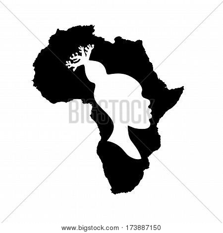 Vector silhouette of black Africa with white african american woman head silhouette with baobab hairstyle inside.