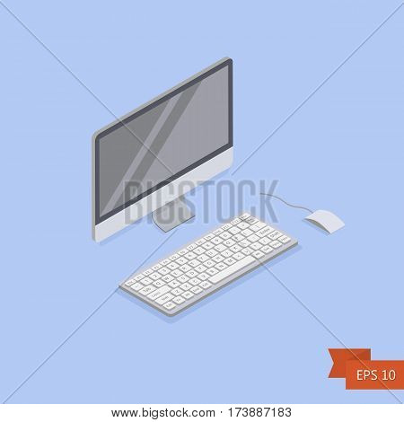 Computer isometric icon. Vector. Isometric white PC monitor with keyboard button and mouse. Isolated on blue. Easy to edit illustration. Flat simple style.