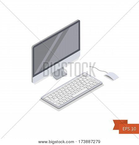 Computer isometric icon. Vector. Isometric white PC monitor with keyboard button and mouse. Isolated on white. Easy to edit illustration. Flat simple style.