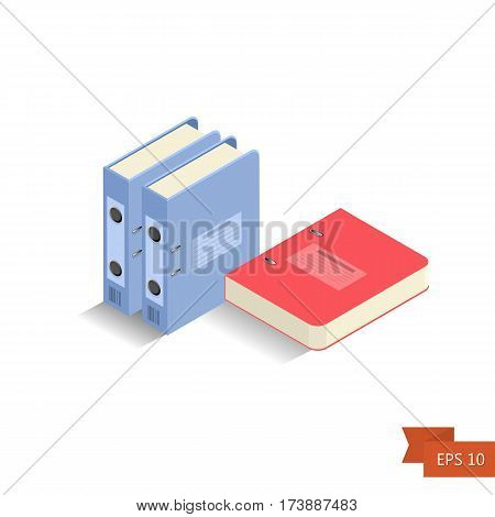 Folders isometric on white. Vector. Isometric office book for paper and documents organization. Isolated on white. Easy to edit illustration. Blue and red. Flat simple style.