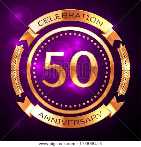 Fifty years anniversary celebration with golden ring and ribbon on purple background.