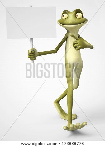 3D rendering of a smiling cartoon frog holding a blank sign in one hand and pointing to it with his other hand. White background.