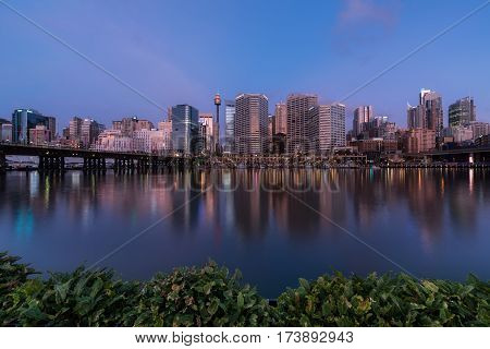 SYDNEY AUSTRALIA - February 28 2017 : Night scene of Darling Harbour adjacent to the city center of Sydney and also a recreational place in Sydney central business district