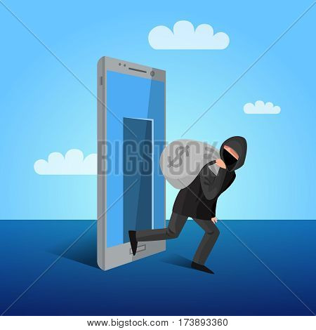 Smartphone hacker escaping through device screen with money mobile phones cyber attacks warning flat poster vector illustration