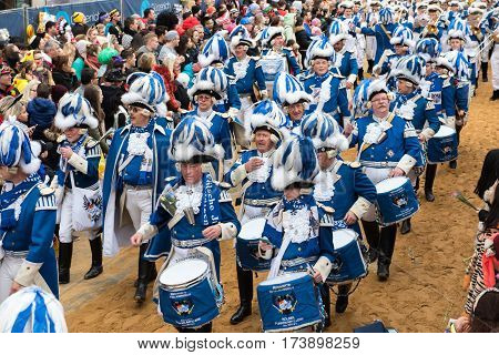 Music Band on the rose monday parade in Cologne - musicians in uniform - Participants of the rose monday parade in cologne on February 27, 2017