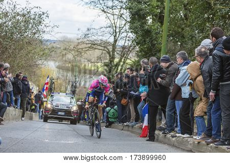 Conflans-Sainte-HonorineFrance-March 62016: The Italian cyclist Matteo Bono of Lampre-Merida Team riding during the prologue stage of Paris-Nice 2016.