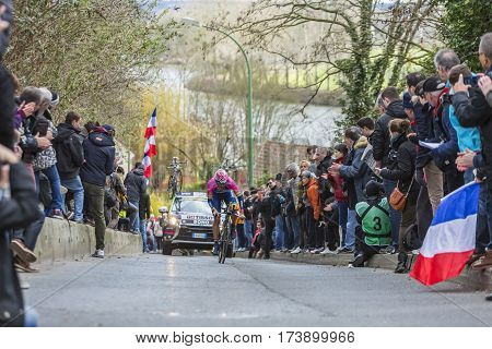 Conflans-Sainte-HonorineFrance-March 62016: The Italian cyclist Matteo Bono of Lampre-Merida Team riding during the prologue stage of Paris-Nice 2016.