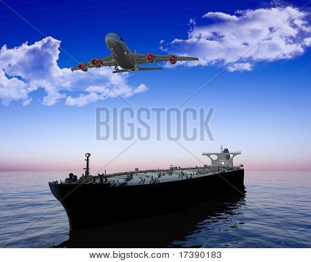 The cargo ship and plane on a background of the sea