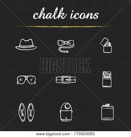 Men's accessories chalk icons set. Homburg hat, butterfly bow tie, flip lighter, sunglasses, leather belt and shoes, cigarette pack, shoulder bag, hip flask. Isolated vector chalkboard illustrations