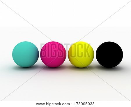 3d render of four spheres in CMYK colours