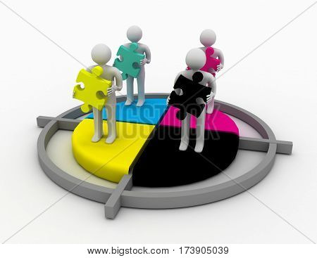 CMYK concept. 3d men with puzzle. rendered illustration