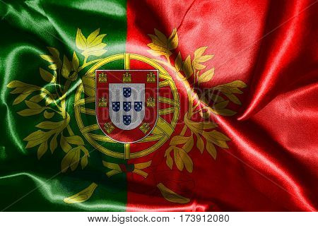 Portugal National Flag With Coat Of Arms Wawving In The Wind 3D Illustration