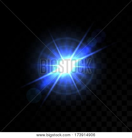 Vector blue glowing lights on transparent background. Special effect light rays. Spark, star burst, flash. Spotlight flare. Illumination.
