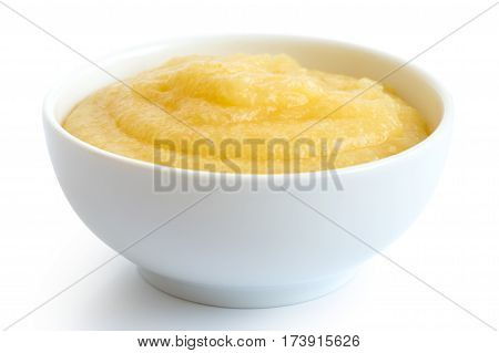 Cooked Cornmeal Polenta In White Ceramic Bowl Isolated On White.