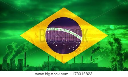 Brazilian flag against industrial landscape. Abstract flag background