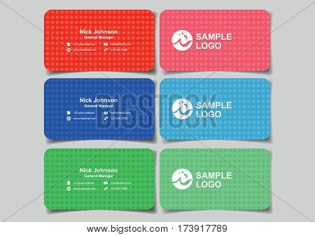 Business name cards in minimalist design for business branding. Set of three vector illustrations of mockup with front and back view in red blue and green isolated on plain background.