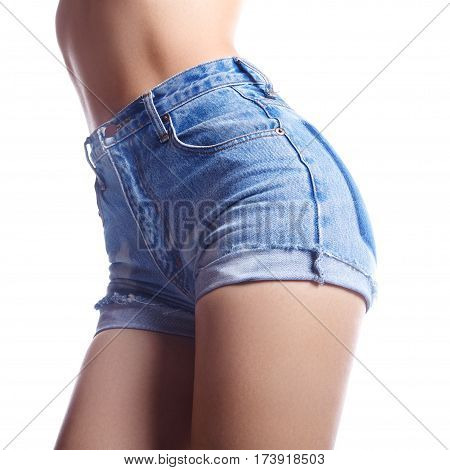 Sexy Woman In Fashion Blue Jeans Shorts. Perfect Hot Booty And Erotic Curves Hips