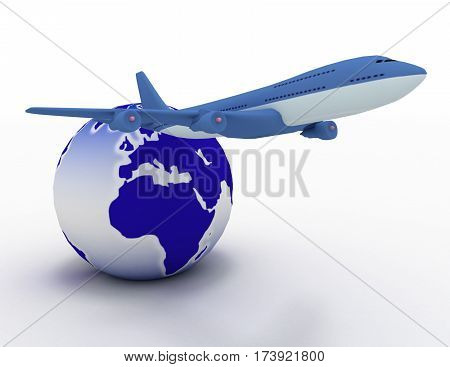 3d aircraft and earth globe. illustration on white bakcground