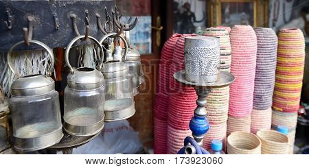 Decorative elements on the souk (market) in the old town Medina in Morocco