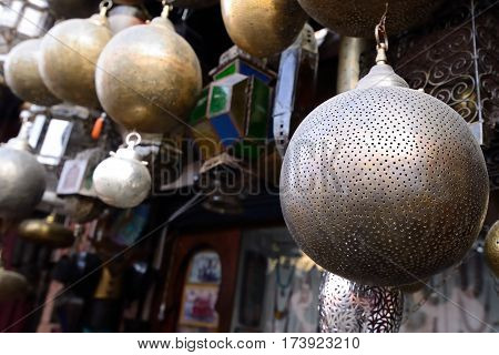 Decorative elements on the souk (market) in the old town Medina in Morocco