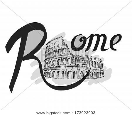 Rome Colosseum sign. Italian famous landmark Coliseum. Travel Italy label. Rome architectural icon with lettering
