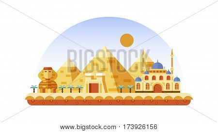 Stock vector illustration background icon in flat style architecture buildings and monuments town city country travel Egypt, Egyptian pyramids, Sphinx, Cairo, Egyptian Culture, deserts flat style
