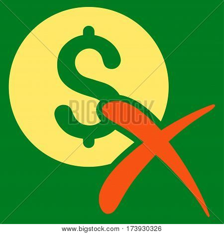 Reject Payment vector pictogram. Illustration style is a flat iconic bicolor orange and yellow symbol on green background.