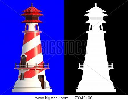 3D rendering of lighthouse isolated on blue background with clipping paths and alpha channel section for an easy split background.