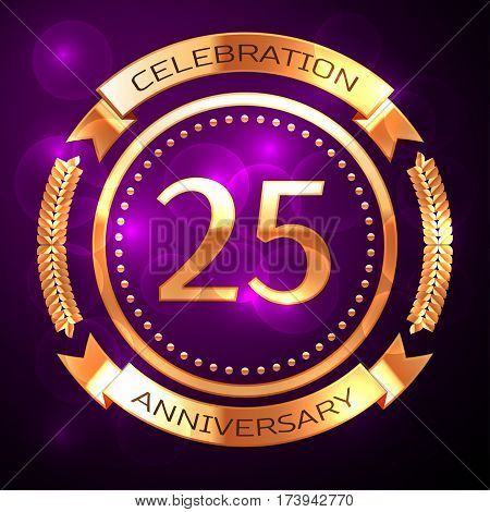 Twenty five years anniversary celebration with golden ring and ribbon on purple background.