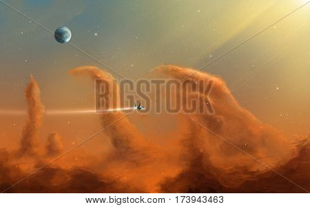Space scene. Orange nebula with space ship, with strong light from right. Elements furnished by NASA