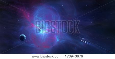 Space scene. Blue and violet nebula with planet. Elements furnished by NASA