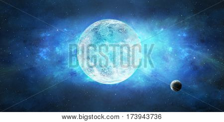 Space scene. Blue nebula with big planet. Elements furnished by NASA