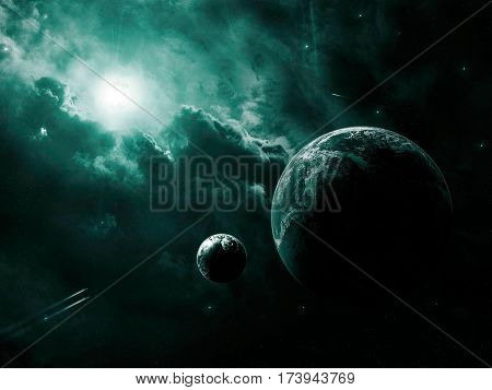 Space scene. Nebula with planet. Elements furnished by NASA
