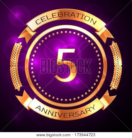 Five years anniversary celebration with golden ring and ribbon on purple background.