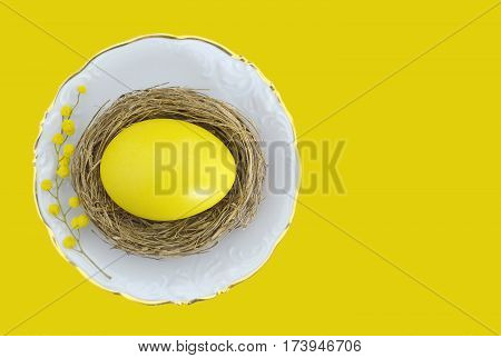Easter background: Easter egg in the nest on the vintage saucer