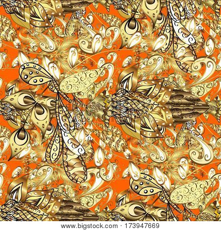 Pattern On Orange Background With Golden Elements. Openwork Delicate Golden Pattern. Vector. Golden 